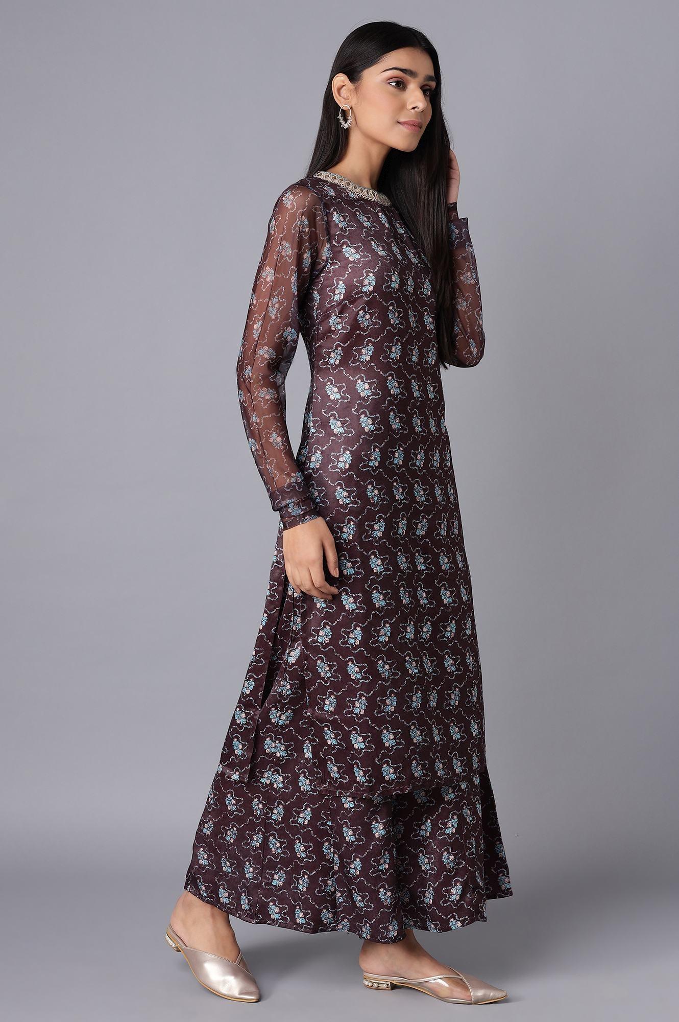 Dark Brown kurta-Flared Pant Set - Image 4
