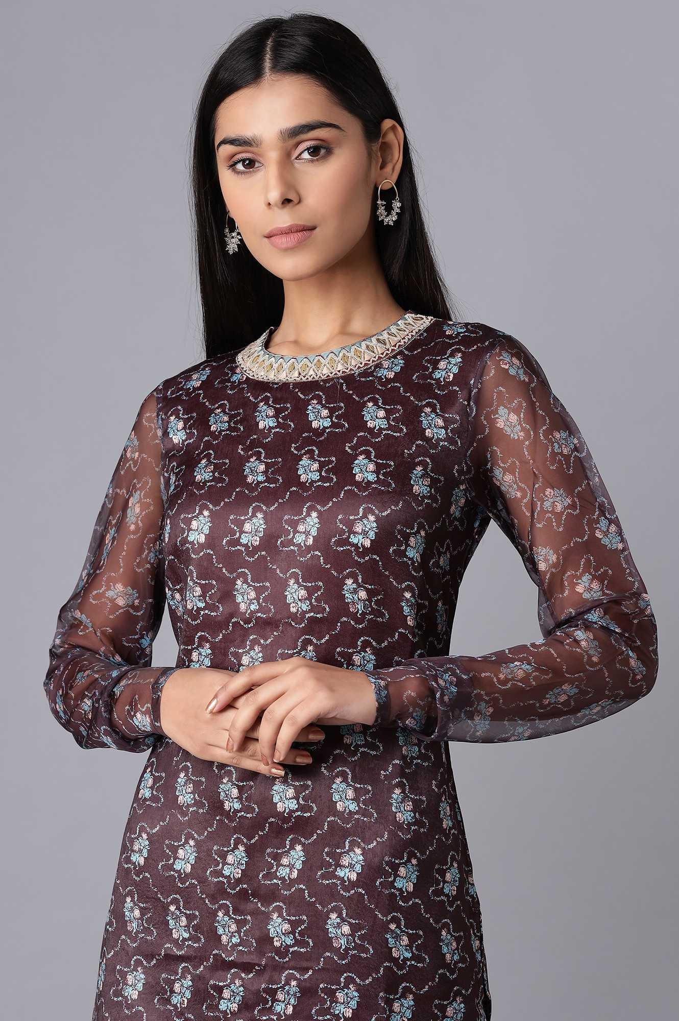 Dark Brown kurta-Flared Pant Set - Image 5