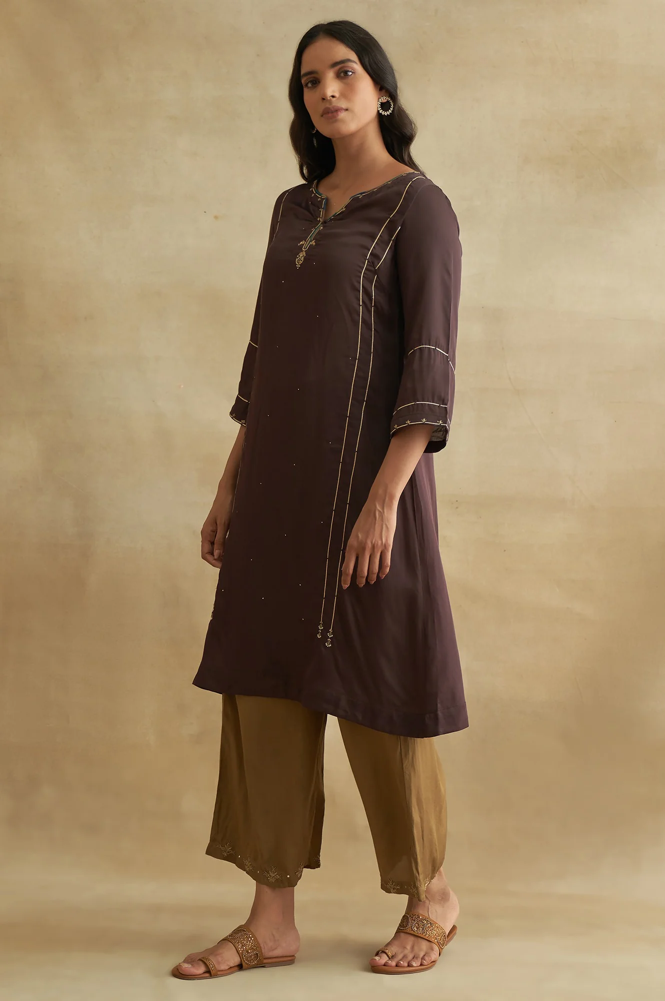 Dark Brown Lustrous Satin Gota kurta - Image 3