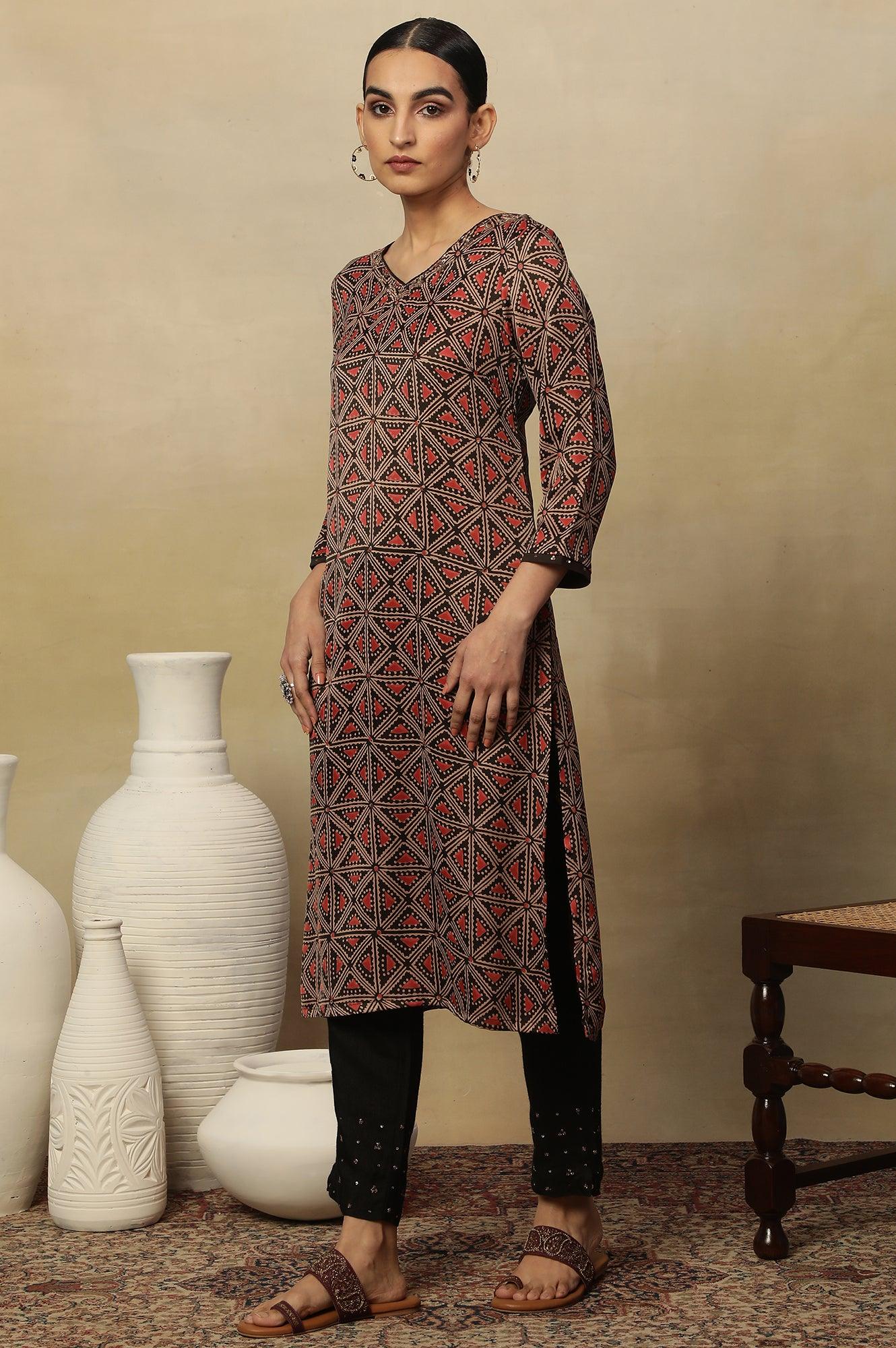 Dark Brown Lustrous Satin Printed Kurta - Image 3