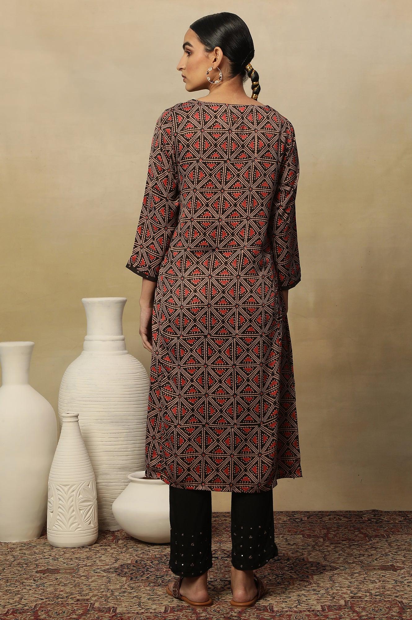 Dark Brown Lustrous Satin Printed Kurta - Image 4
