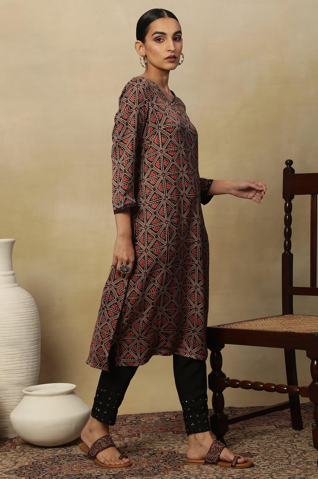 Dark Brown Lustrous Satin Printed Kurta - Image 5