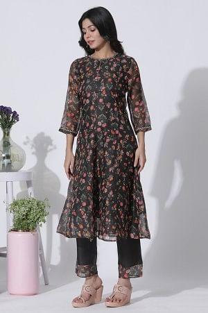 Dark Brown Panelled Printed Kota Kurta, Pants And Dupatta Set - Image 3