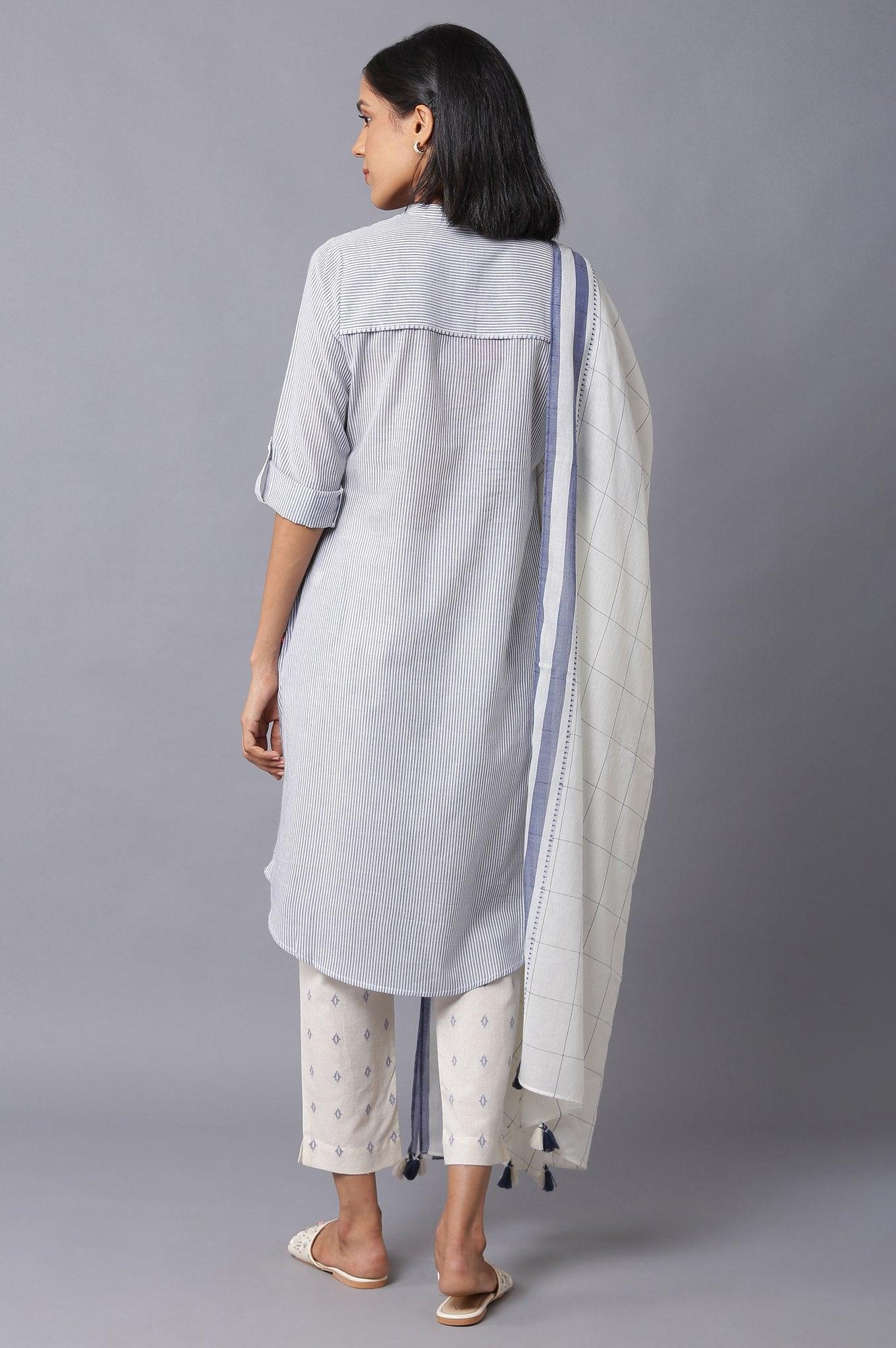 Dark Chambray Blue, Ecru Stripe Slim Pants And Dupatta Set - Image 2