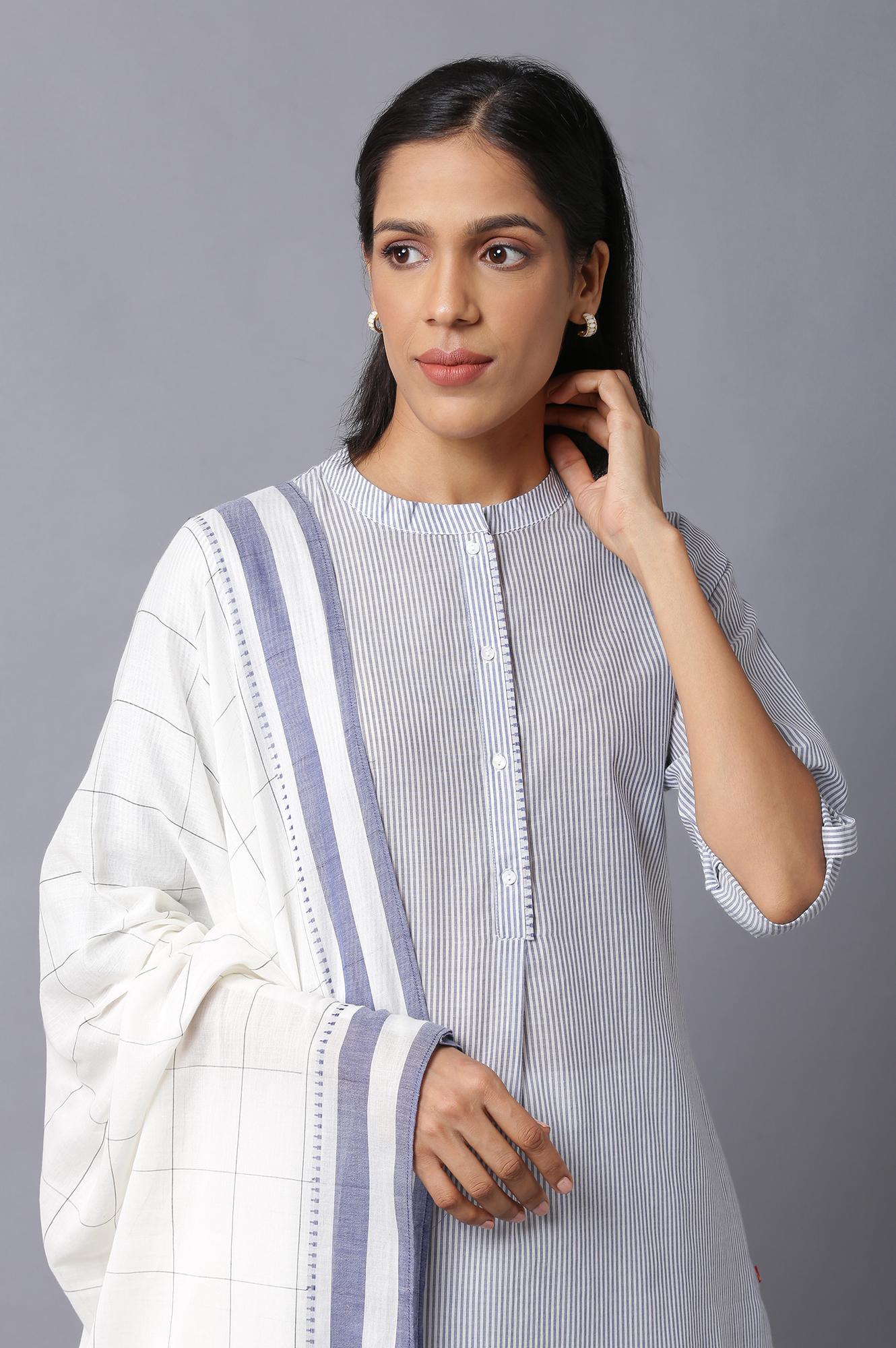 Dark Chambray Blue, Ecru Stripe Slim Pants And Dupatta Set - Image 5