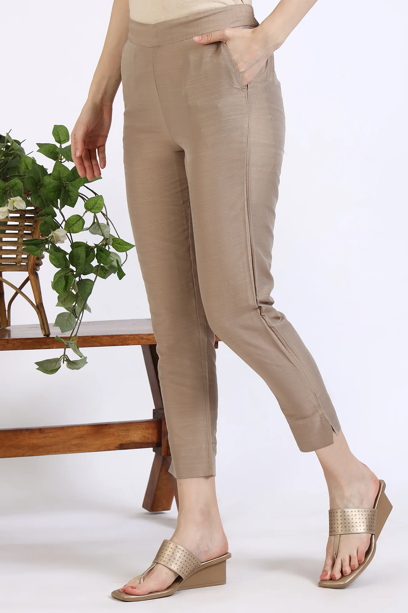 Dark Gold Solid Yarn Dyed Trousers - Image 2