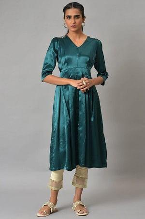 Dark Green Beaded Silk kurta - Image 6