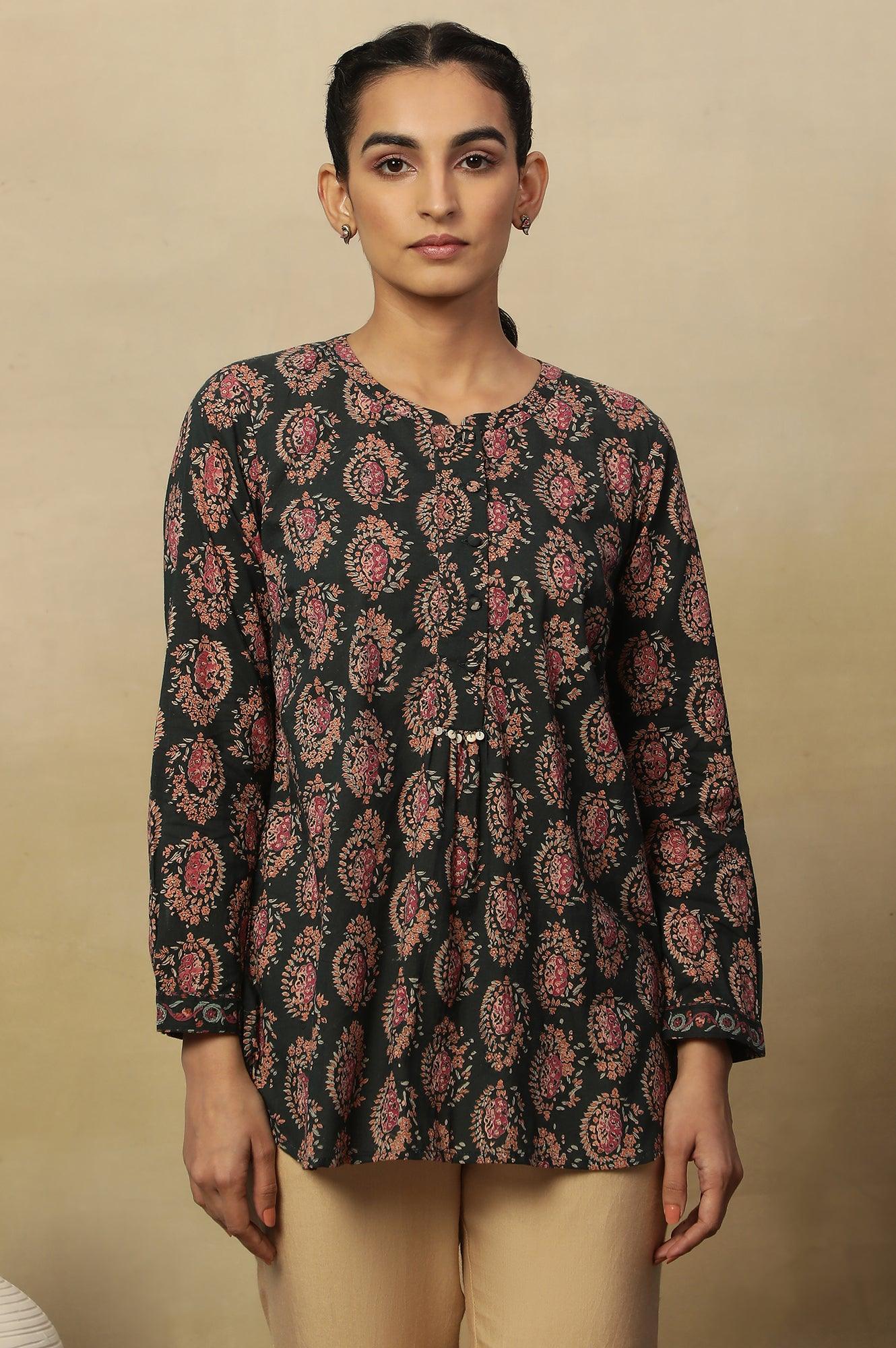 Dark Green Block Print Top In Cotton Voile