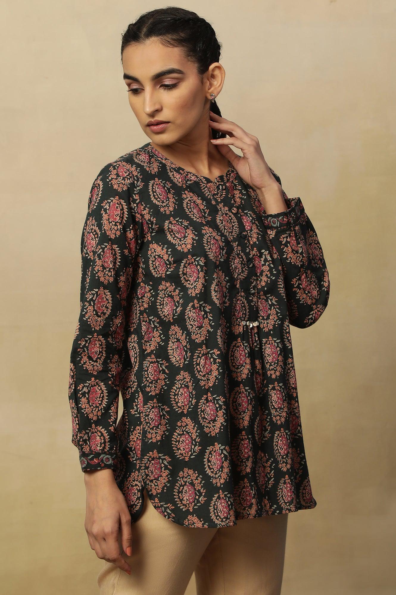 Dark Green Block Print Top In Cotton Voile - Image 4