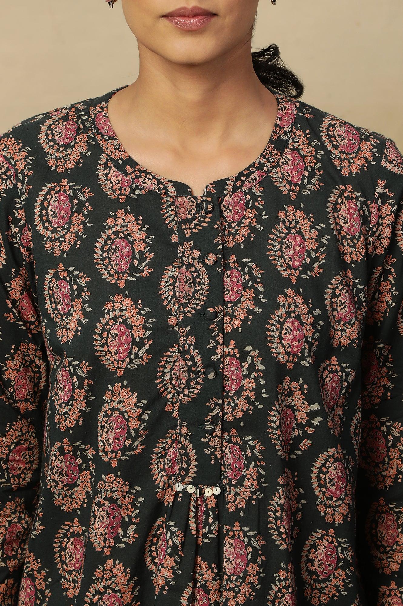 Dark Green Block Print Top In Cotton Voile - Image 6