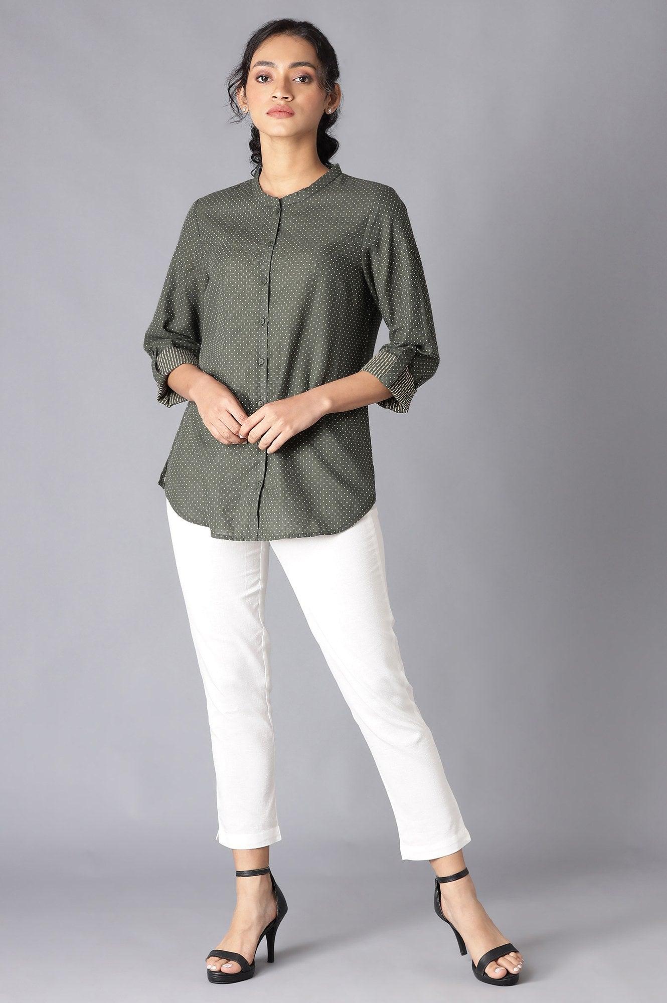 Dark Green Cotton Dobby Textured Shirt - Image 6