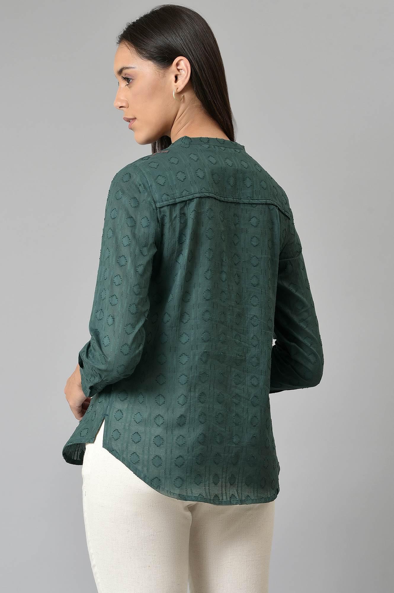 Dark Green Cotton Dobby Textured Shirt In Mandarin Collar - Image 2