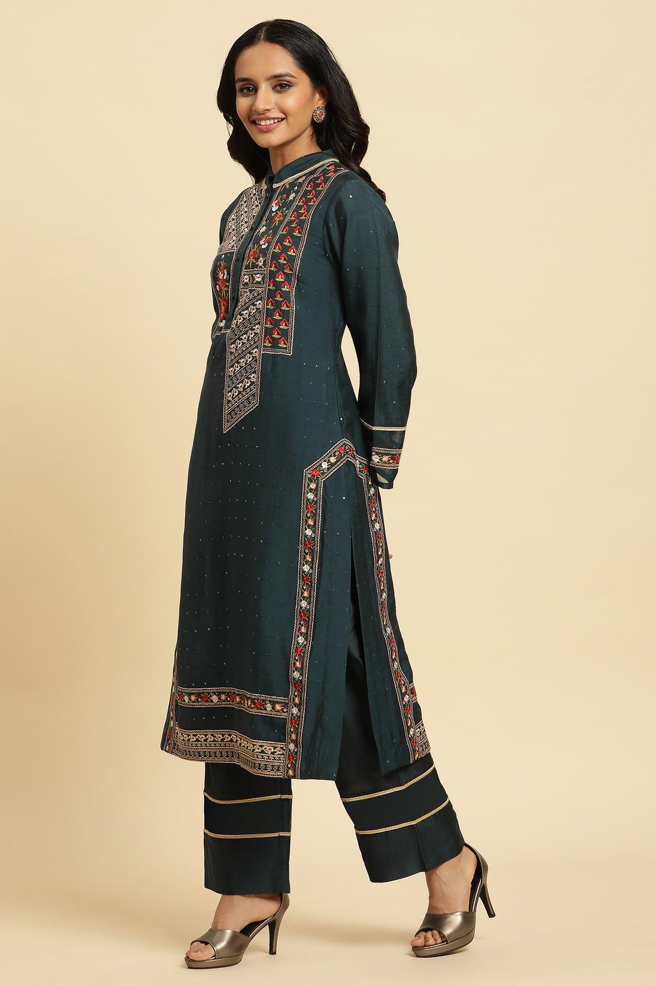 Dark Green Embroidered Festive Kurta, Pant And Dupatta Set - Image 3