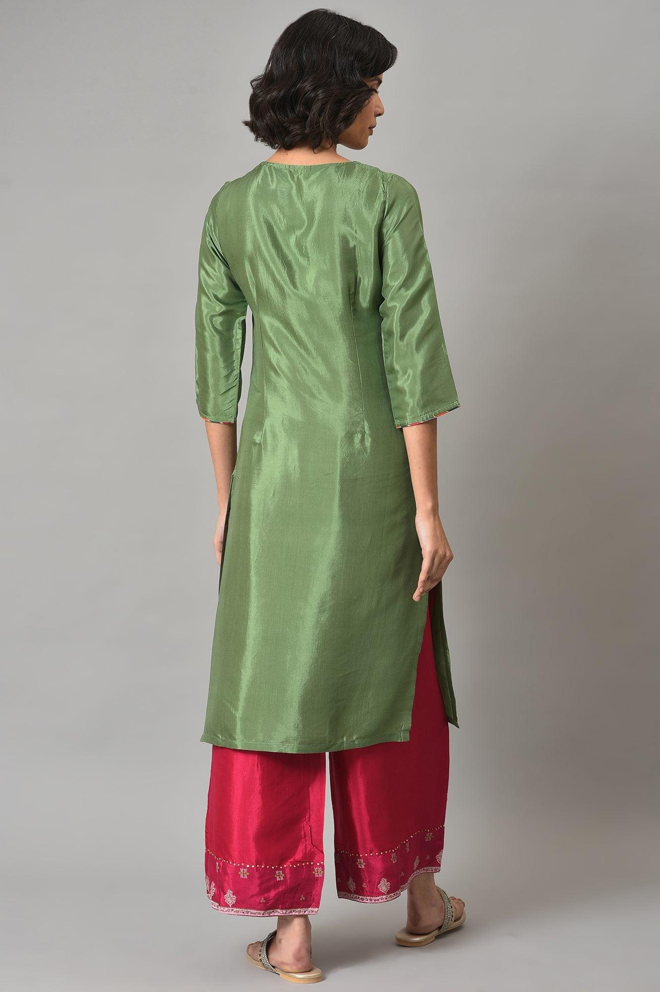 Dark Green Embroidered Festive kurta With Pink Parallel Pants - Image 2