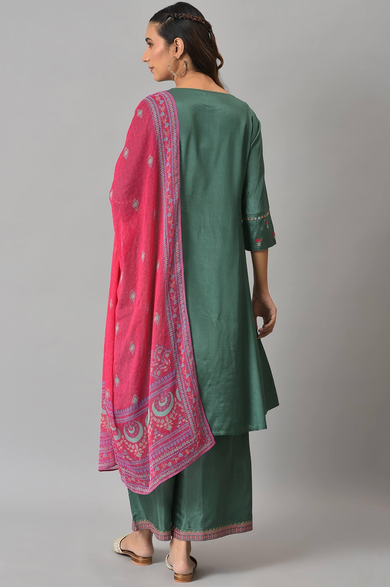 Dark Green Embroidered kurta With Parallel Pants And Pink Printed Dupatta - Image 2