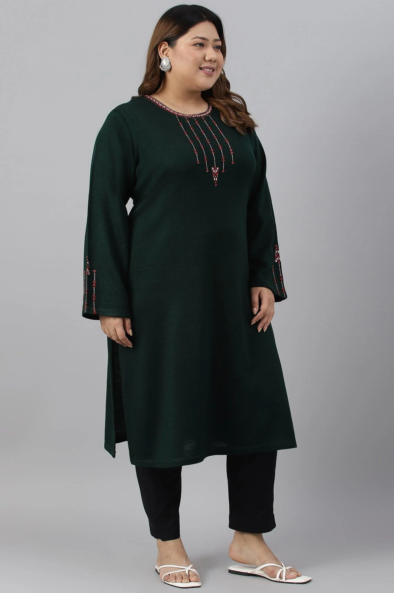 Dark Green Embroidered Plus Size Winter kurta - Image 3