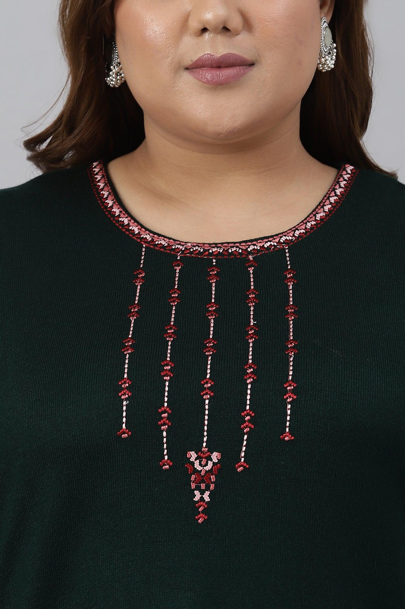 Dark Green Embroidered Plus Size Winter kurta - Image 5