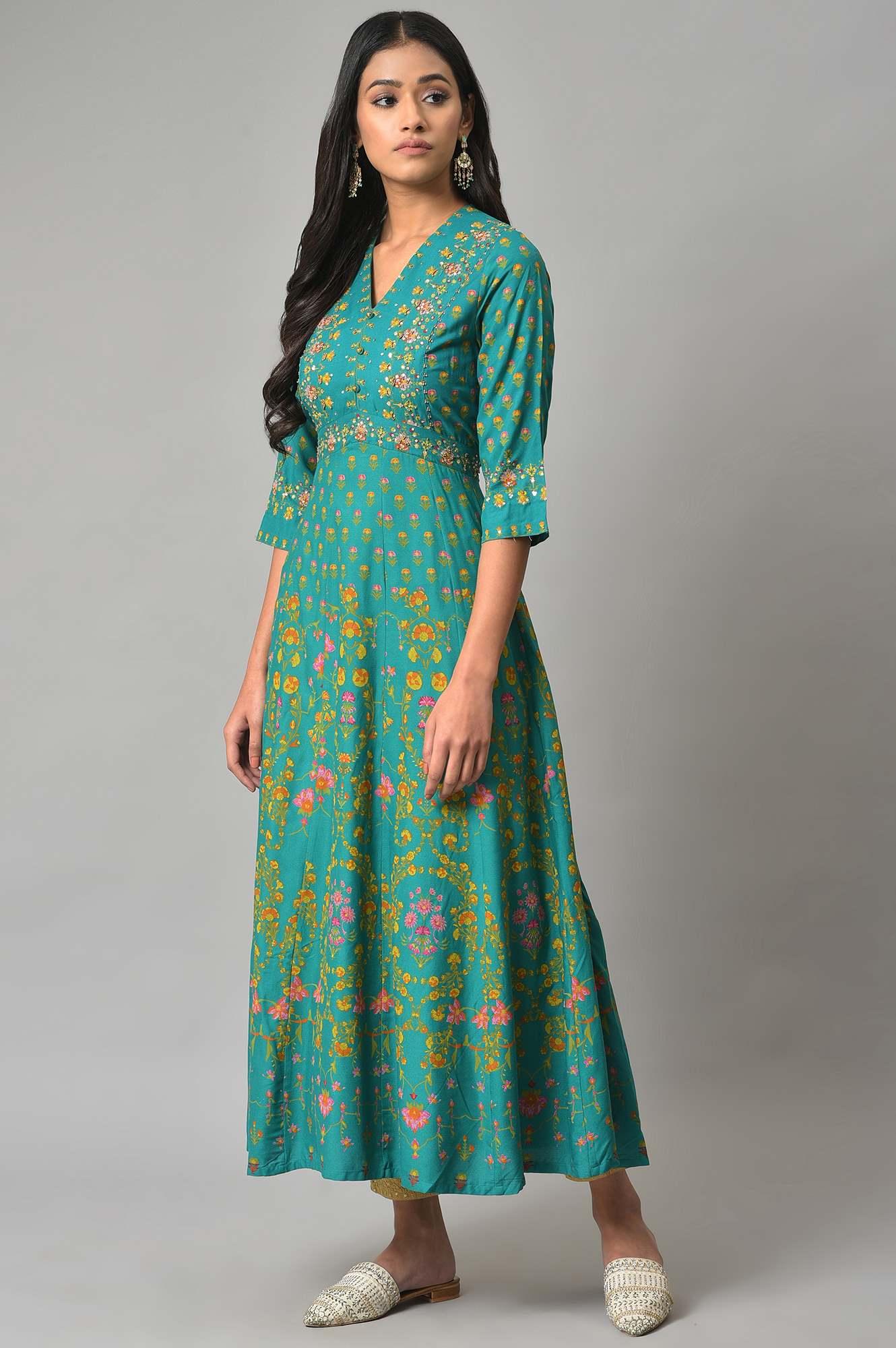Dark Green Flared Dress With Floral Print And Sequins - Image 3