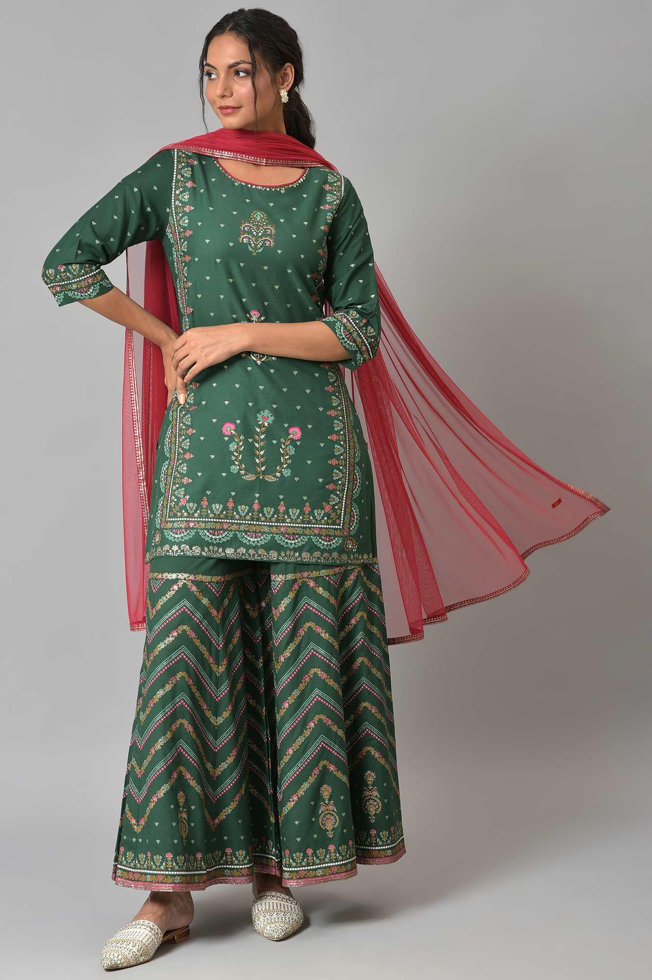 Dark Green Glitter Floral Printed kurta With Sharara Pants And Pink Dupatta - Image 2