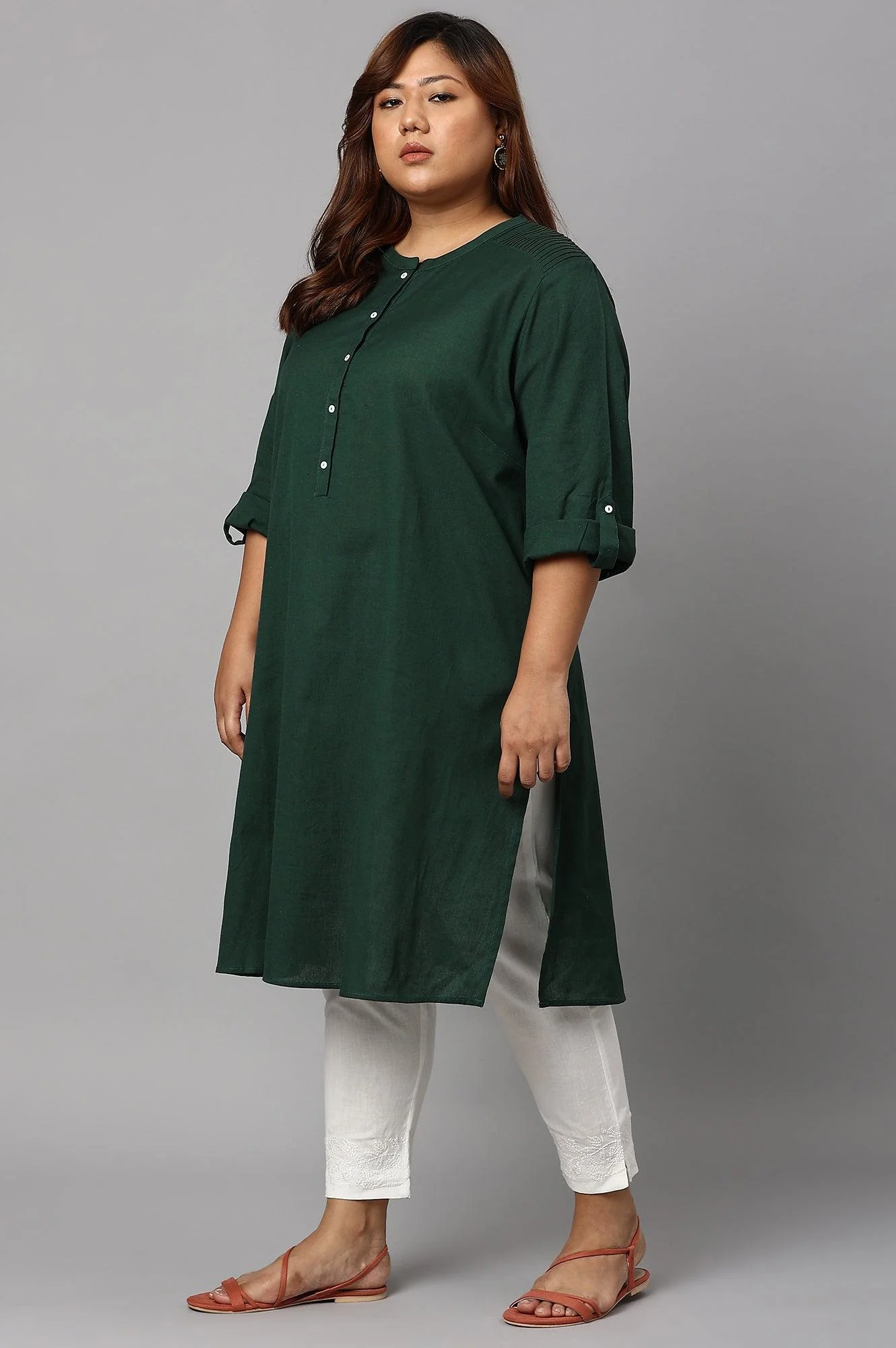 Dark Green Half Placket Plus Size Shirt kurta - Image 3