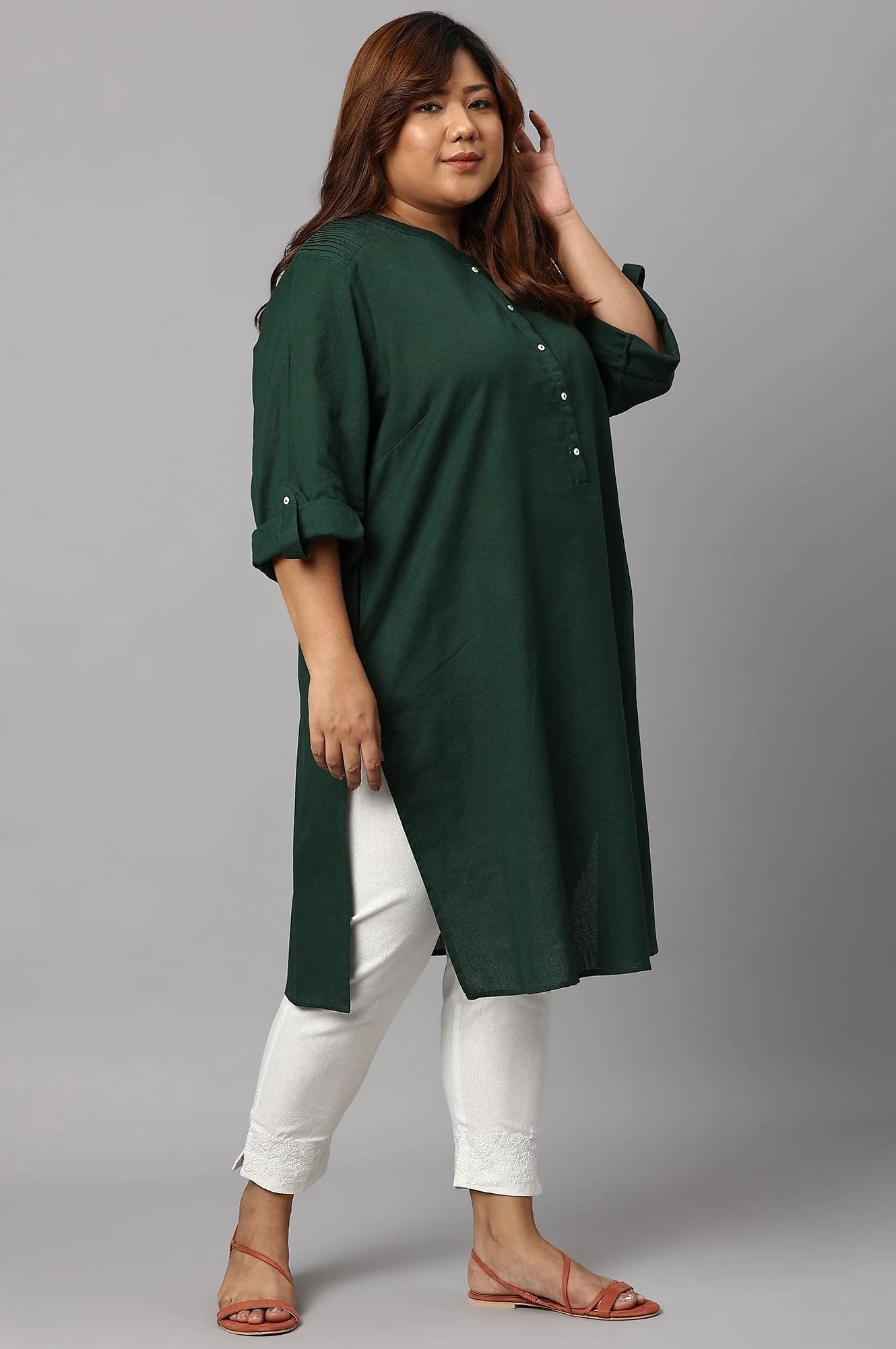 Dark Green Half Placket Plus Size Shirt kurta - Image 4