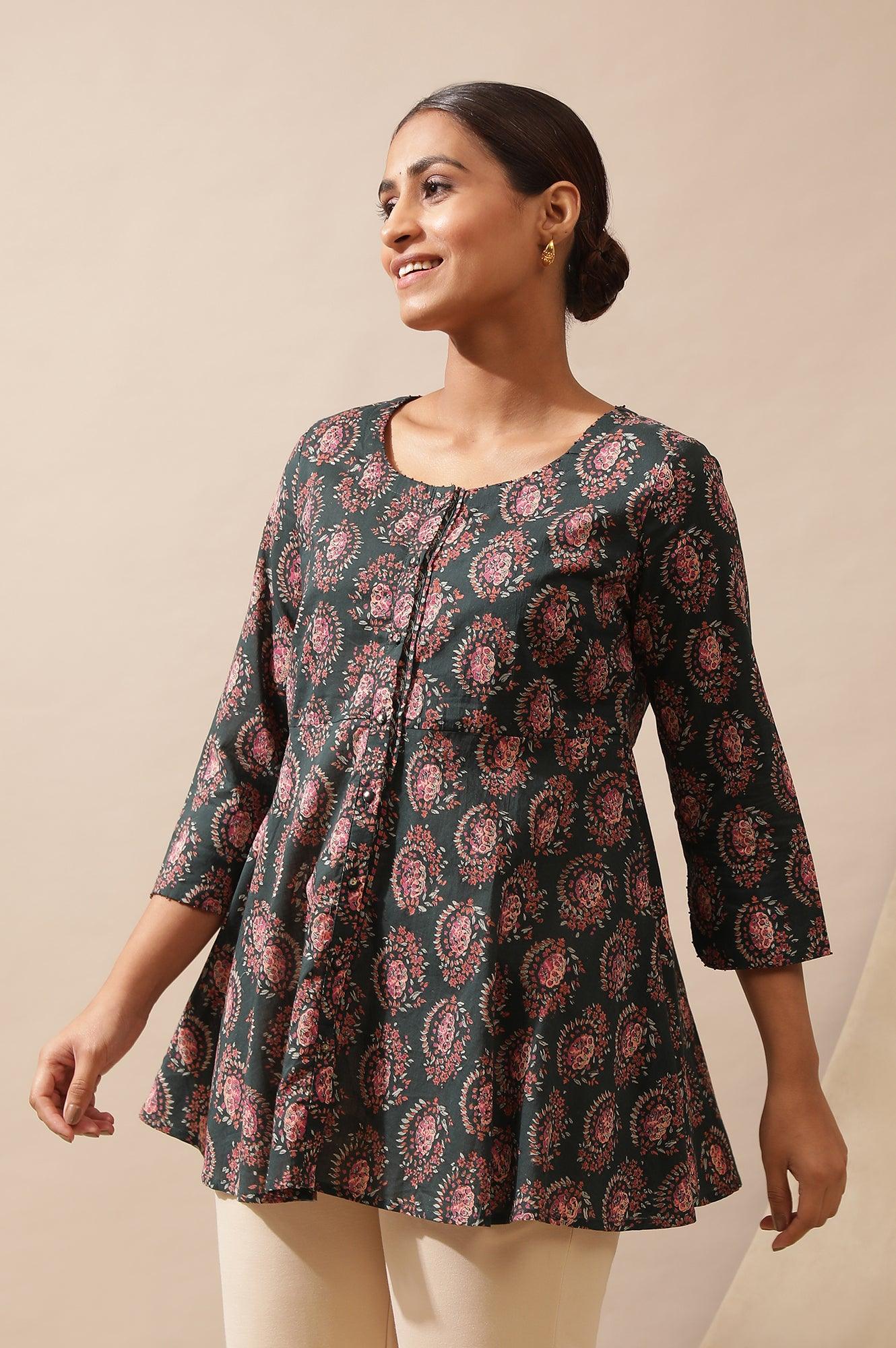 Dark Green Hand Block Print Circular Hem Top - Image 3
