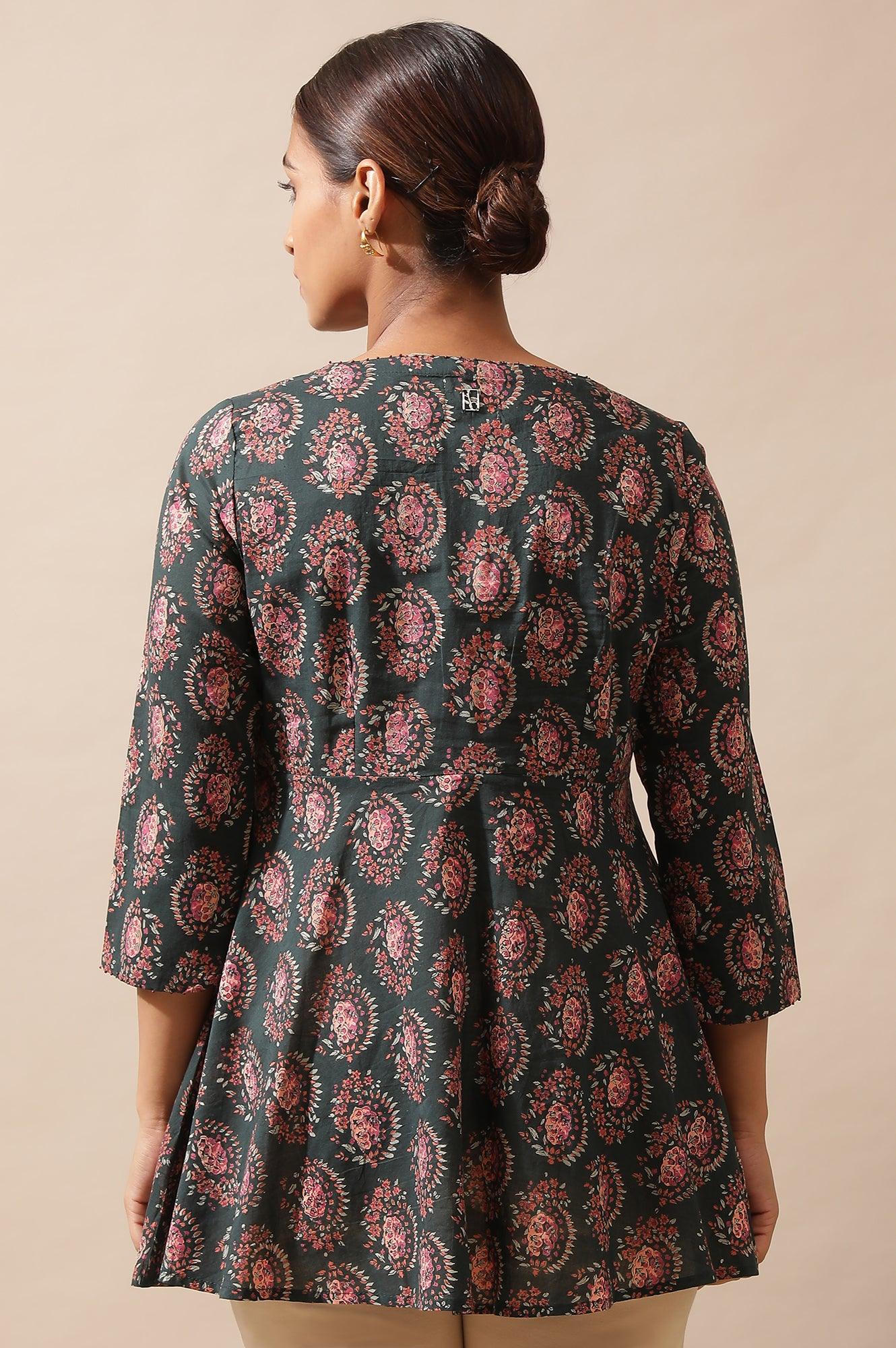 Dark Green Hand Block Print Circular Hem Top - Image 4