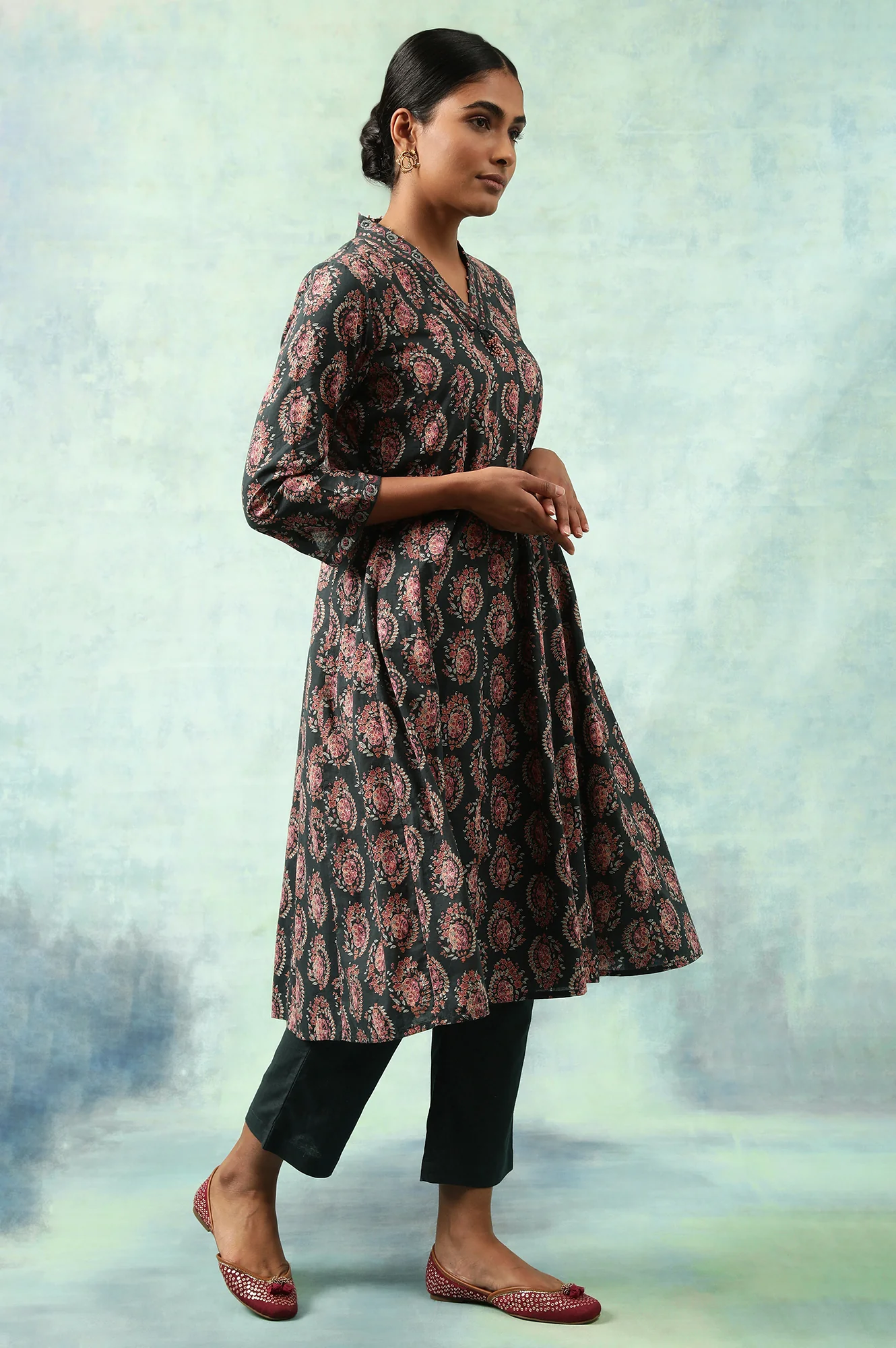 Dark Green Hand Block Print Flared kurta - Image 3