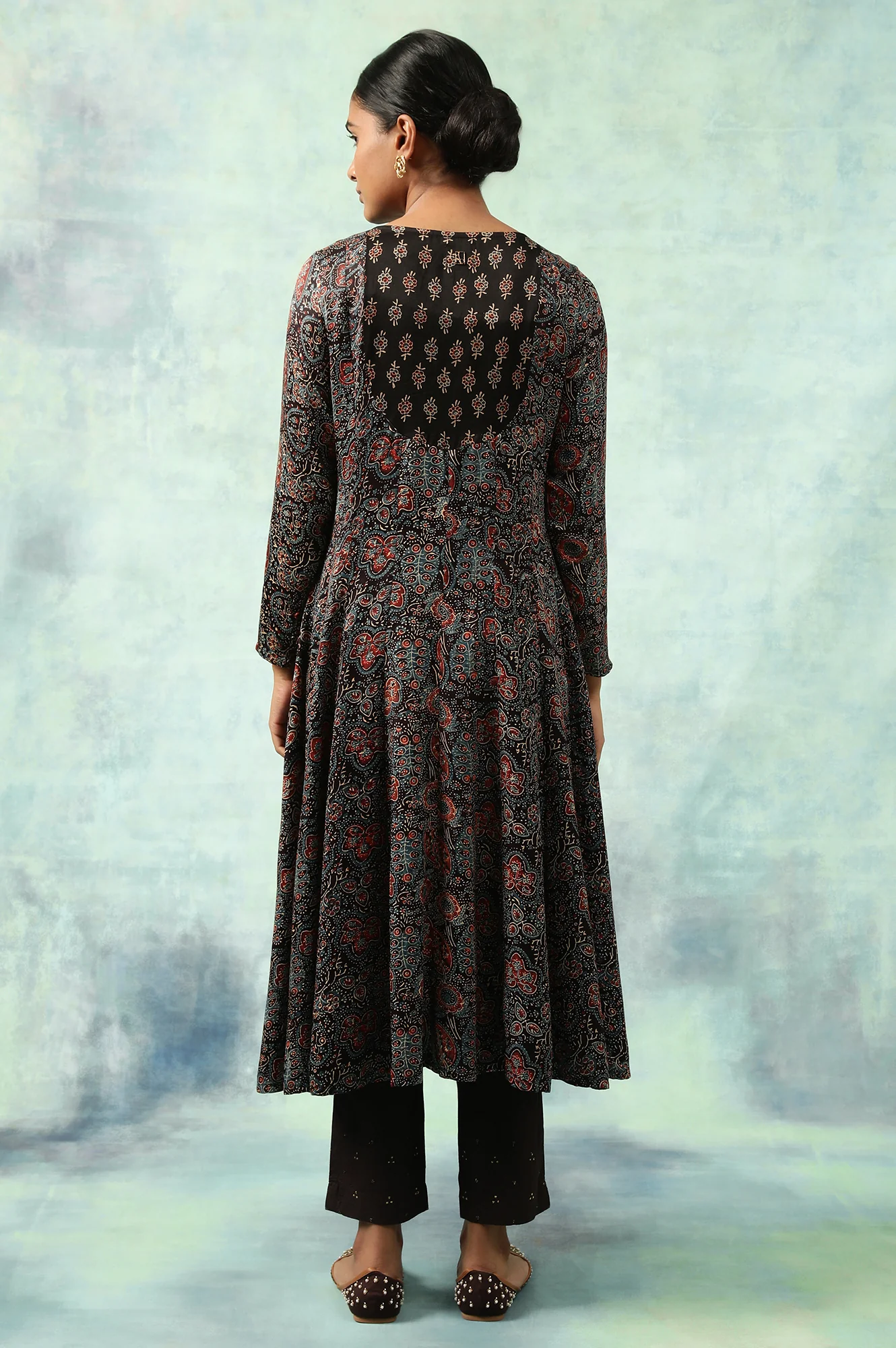 Dark Green Hand Block Print Flared kurta - Image 4