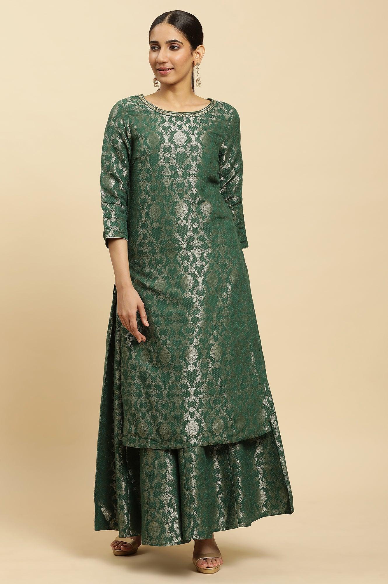 Dark Green Jacquard Flared Skirt - Image 5