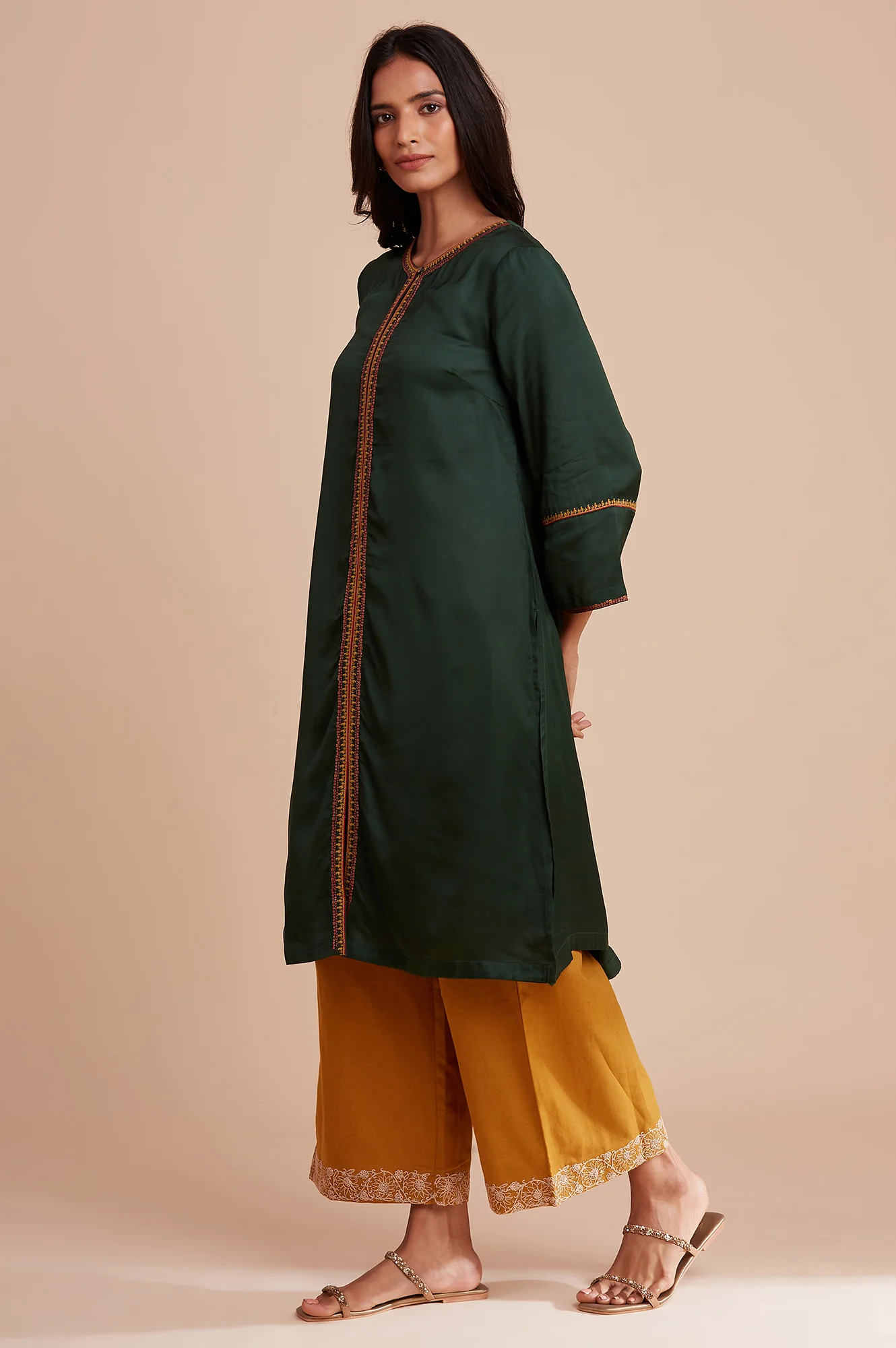 Dark Green Modal Satin Embroidered kurta - Image 3