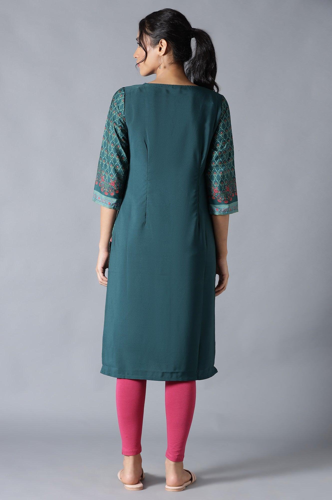 Dark Green Round Neck kurta With Multicoloured Floral Print - Image 2