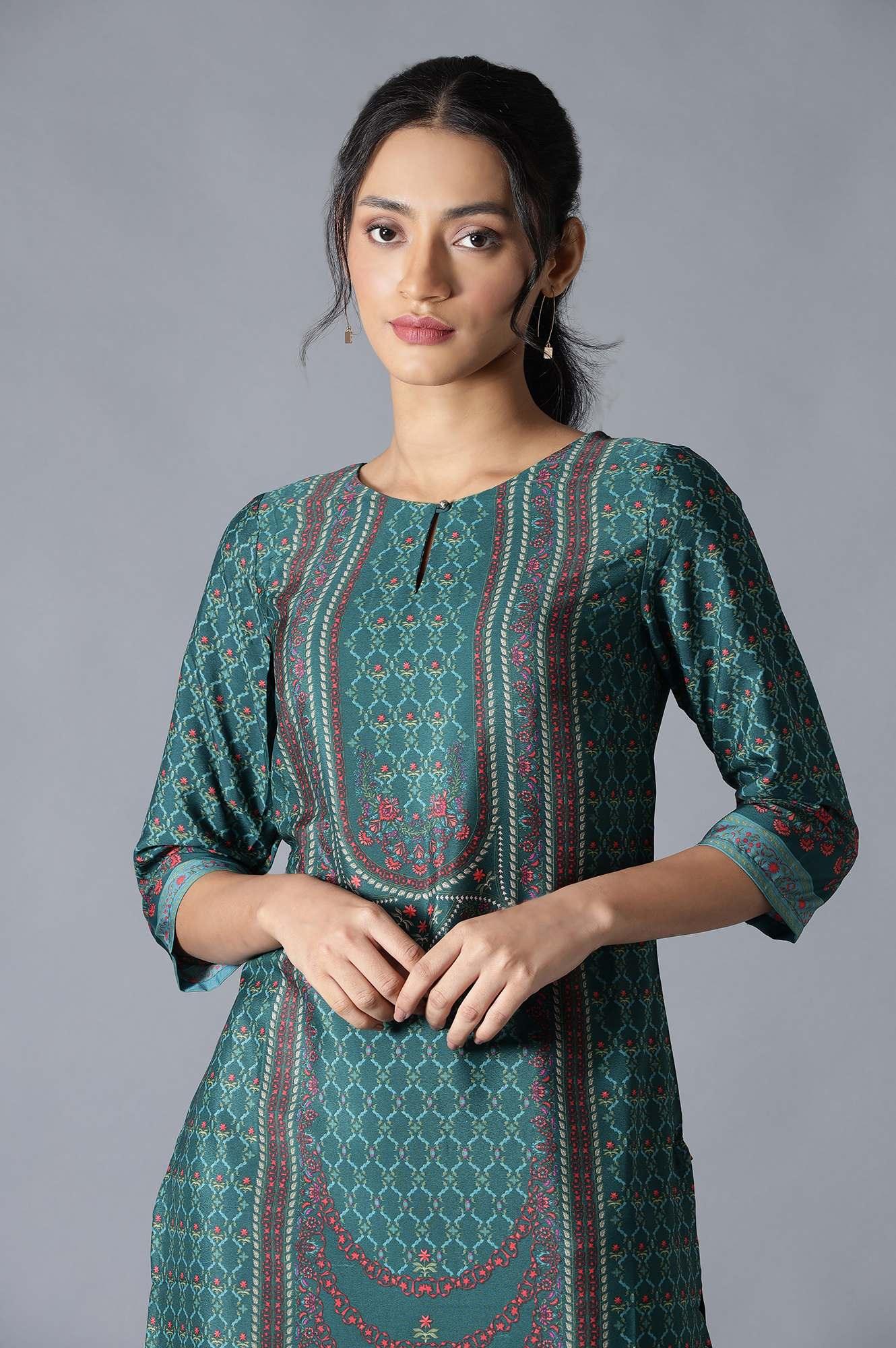 Dark Green Round Neck kurta With Multicoloured Floral Print - Image 5