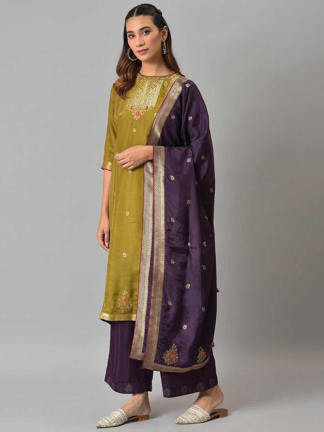 Dark Green Round Neck kurta With Purple Pants And Dupatta - Image 3