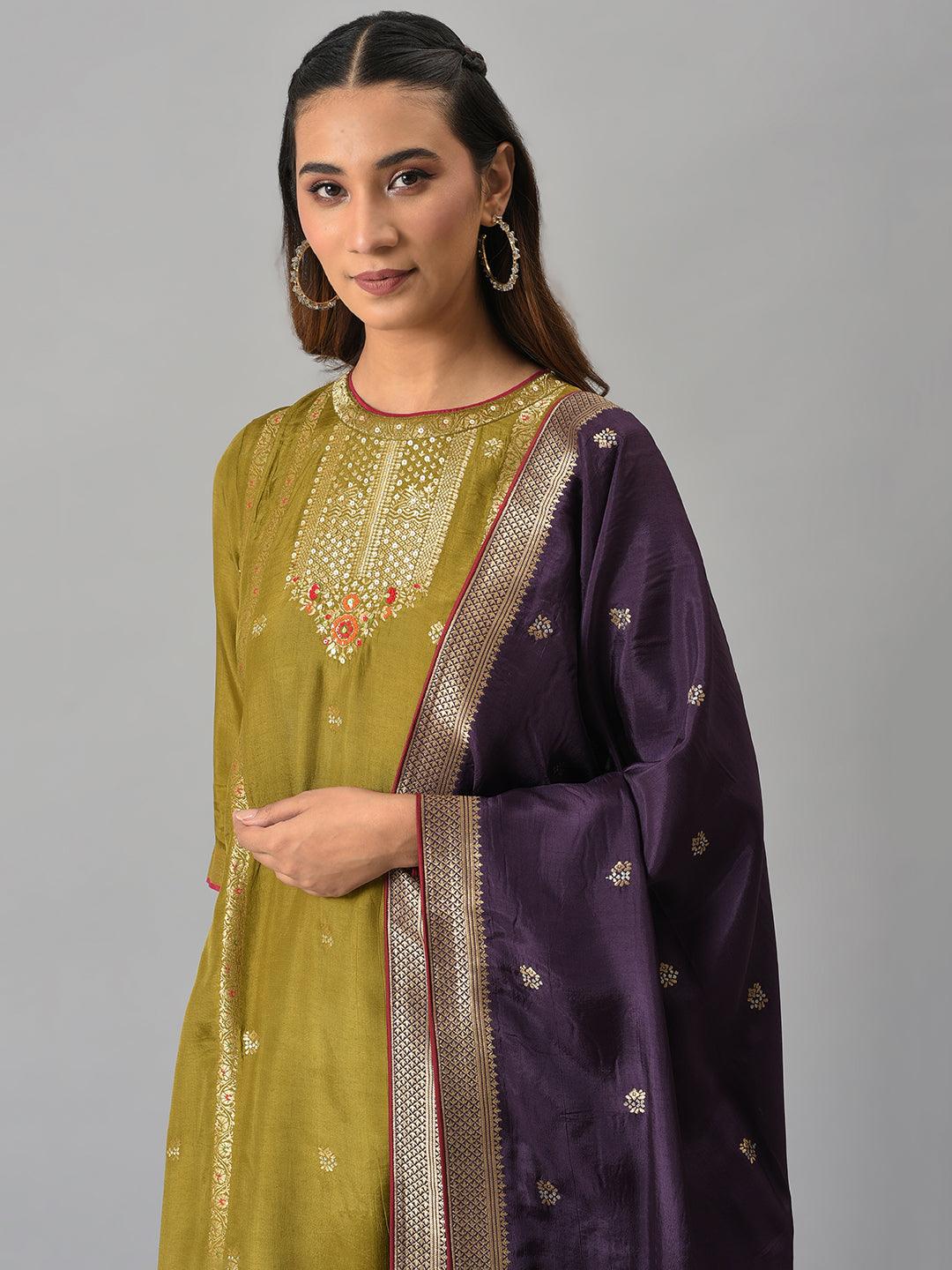 Dark Green Round Neck kurta With Purple Pants And Dupatta - Image 5