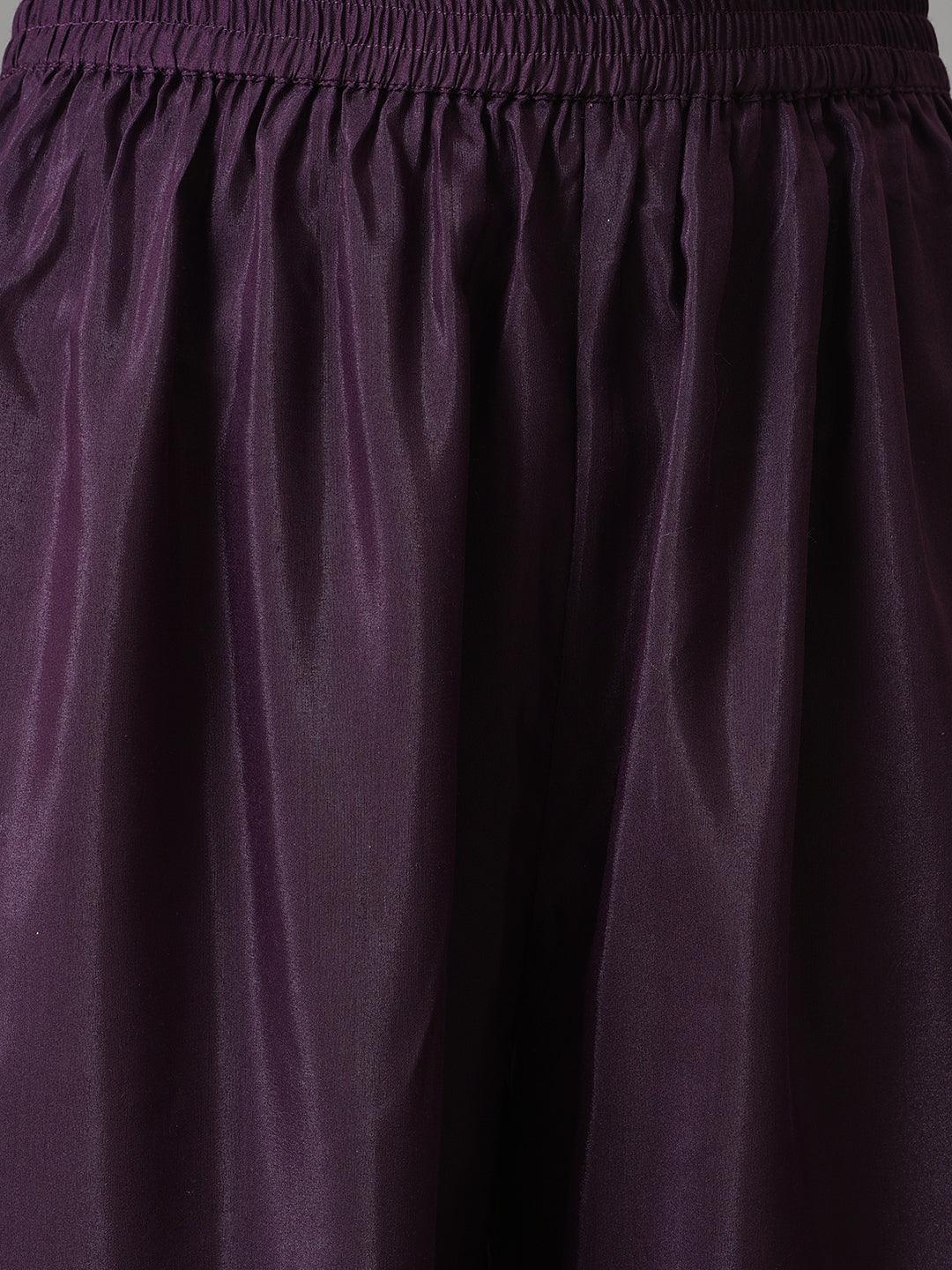 Dark Green Round Neck kurta With Purple Pants And Dupatta - Image 6