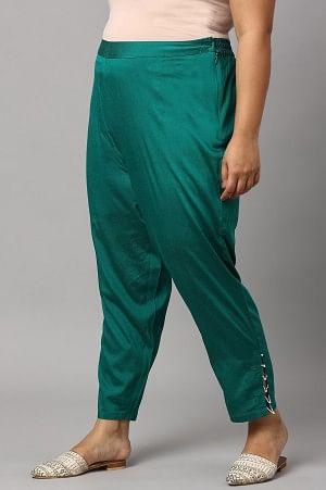 Dark Green Solid Light Festive Plus Size Slim Pants - Image 3