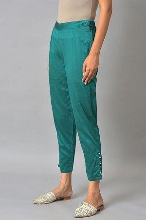 Dark Green Solid Light Festive Slim Pants - Image 3
