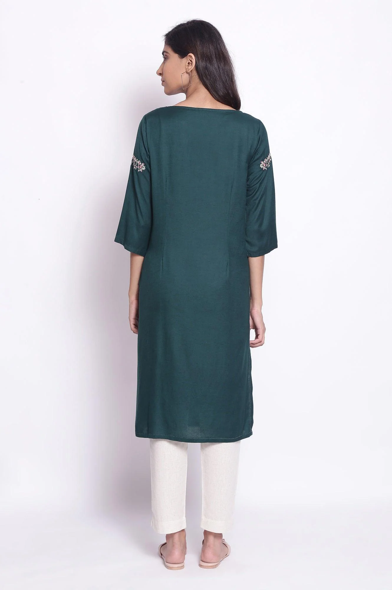 Dark Green Solid Cotton Straight Kurta - Image 2