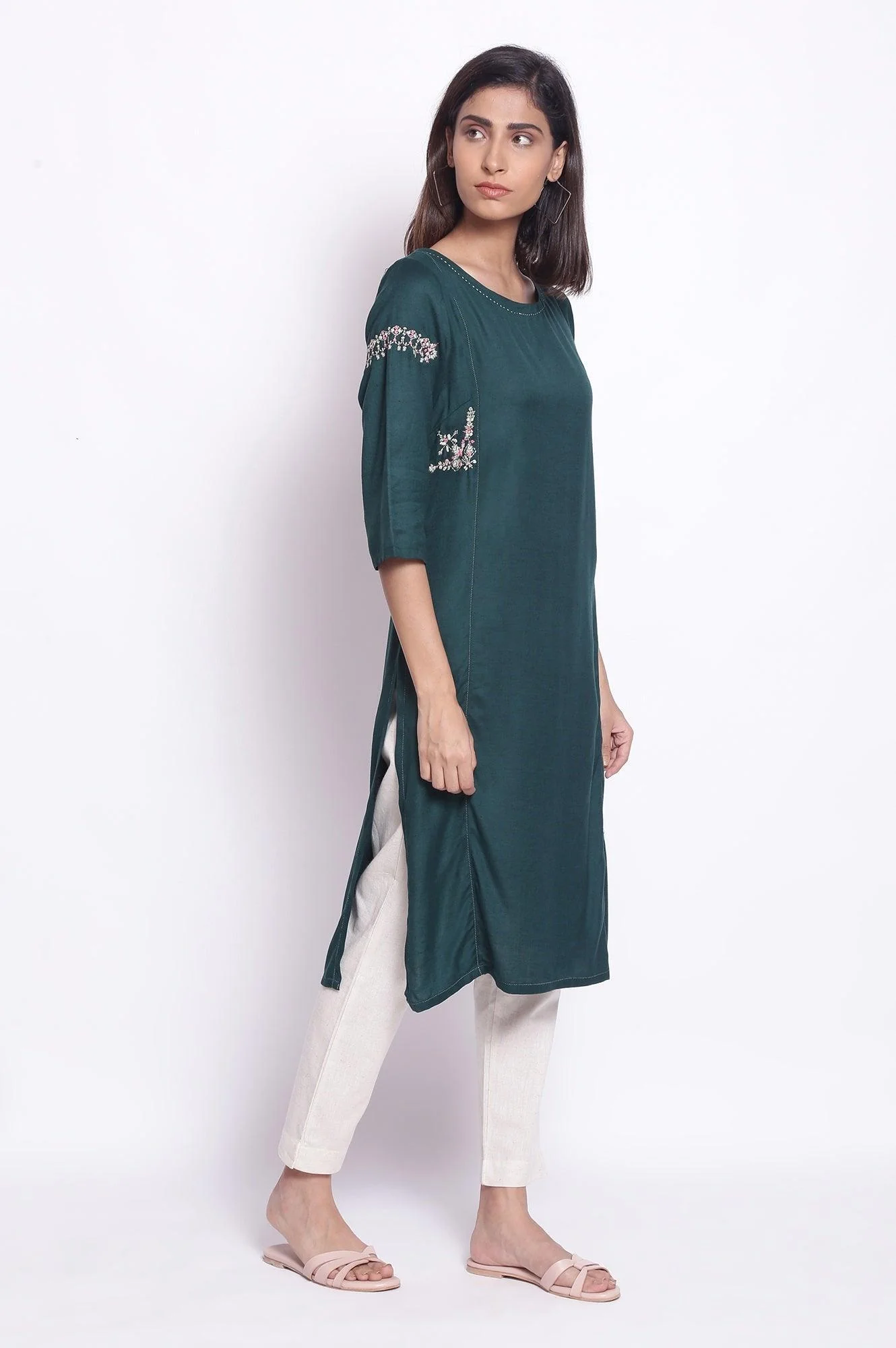 Dark Green Solid Cotton Straight Kurta - Image 4