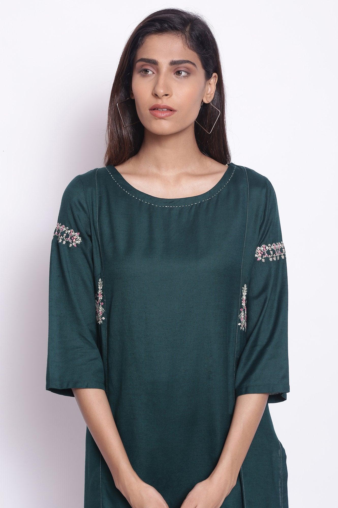 Dark Green Solid Cotton Straight Kurta - Image 5