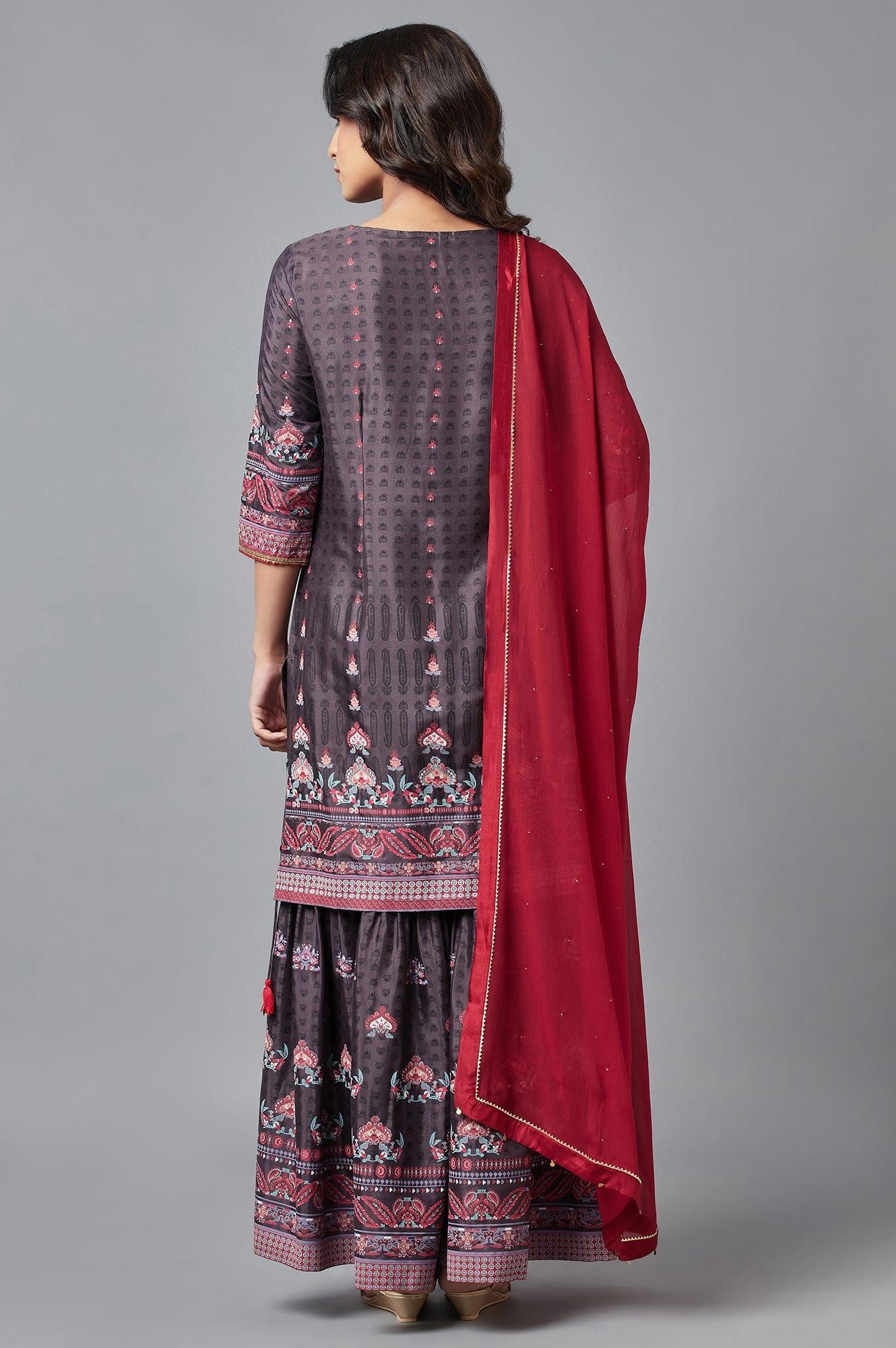 Dark Grey kurta, Sharara and Dupatta Set - Image 2