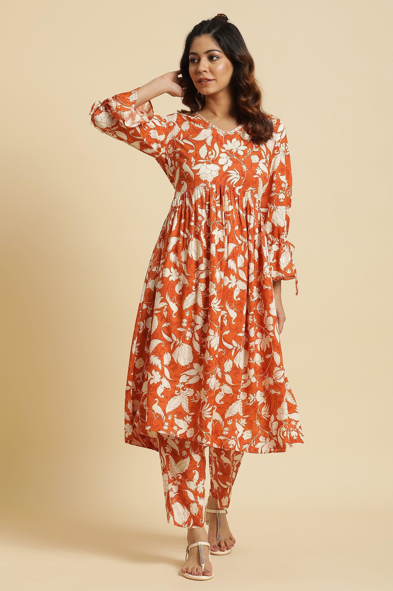 Dark Orange Floral Printed Kurta & Pants Co-Ord Set - Image 2