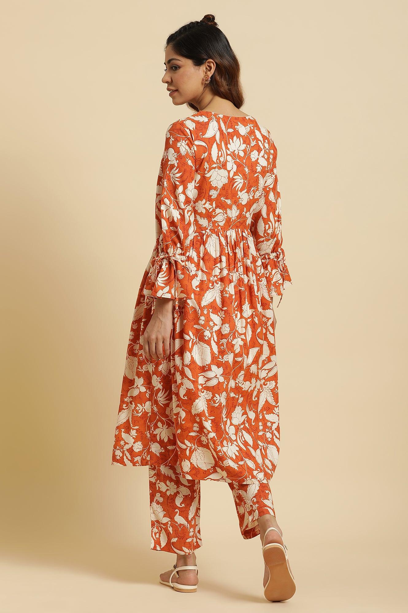 Dark Orange Floral Printed Kurta & Pants Co-Ord Set - Image 4