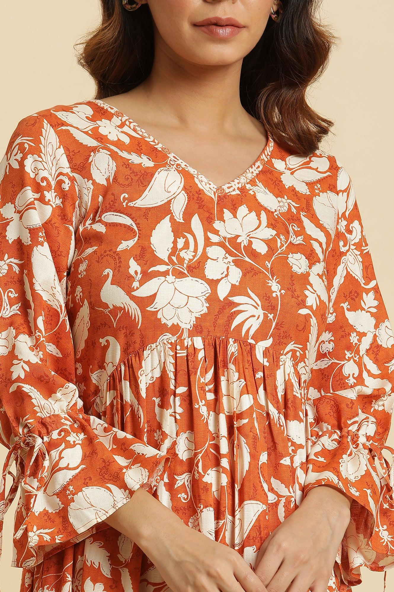 Dark Orange Floral Printed Kurta & Pants Co-Ord Set - Image 6