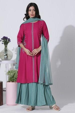 Dark Pink A-Line Embroidered Kurta, Culottes And Dupatta Set - Image 2