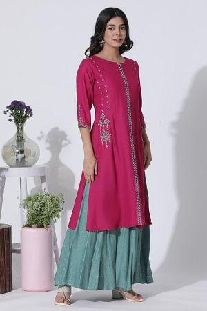 Dark Pink A-Line Embroidered Kurta, Culottes And Dupatta Set - Image 5