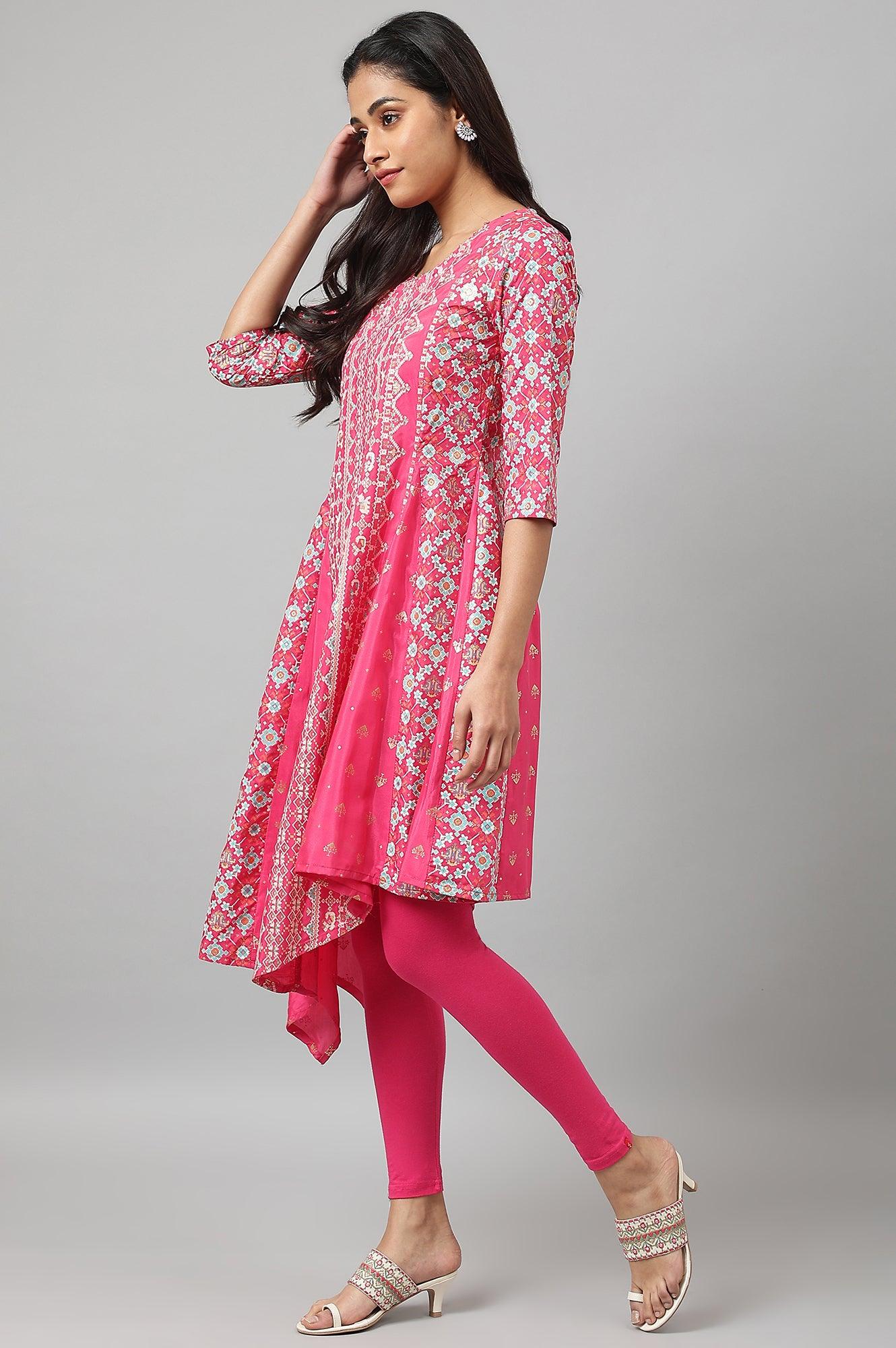 Dark Pink Asymmetrical Hemline kurta With Tights - Image 4