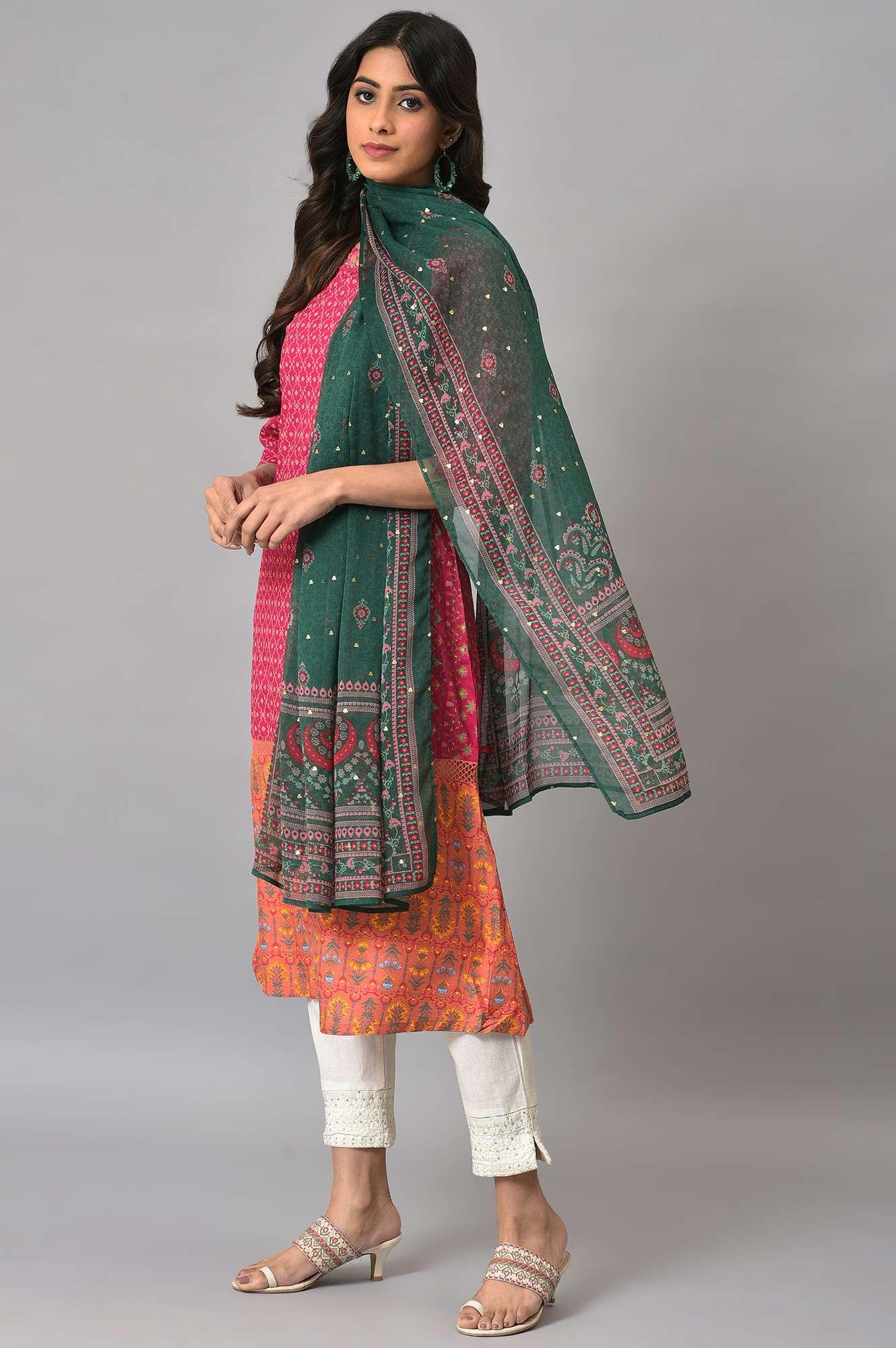 Dark Pink Boat Neck Embroidered kurta With Ecru Slim Pants And Green Printed Dupatta - Image 3