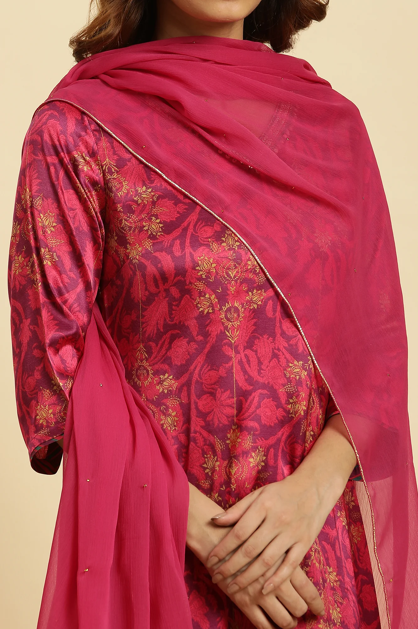 Dark Pink Chiffon Dupatta With Gota Border - Image 5